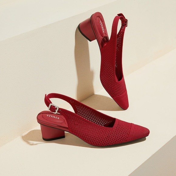 VIVAIA Slingback Pumps Knit Pointed Toe Block Heel Red Shoes size EU/40 US/9 - Picture 1 of 11